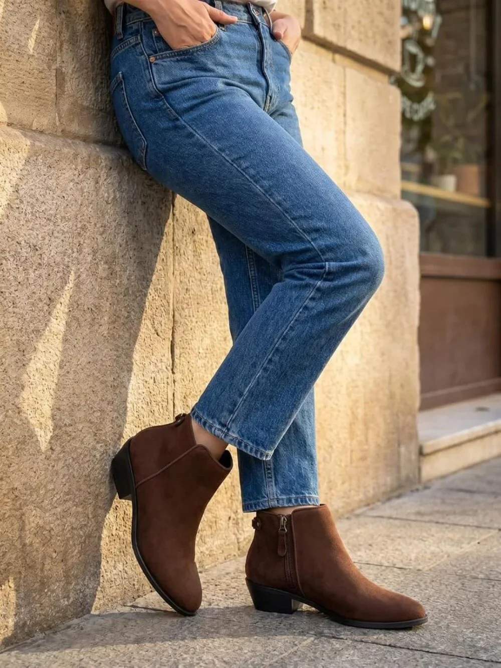 Women's Coffee Chunky Low Heel Side Zipper Fall Dress Pointed Toe Short Boots